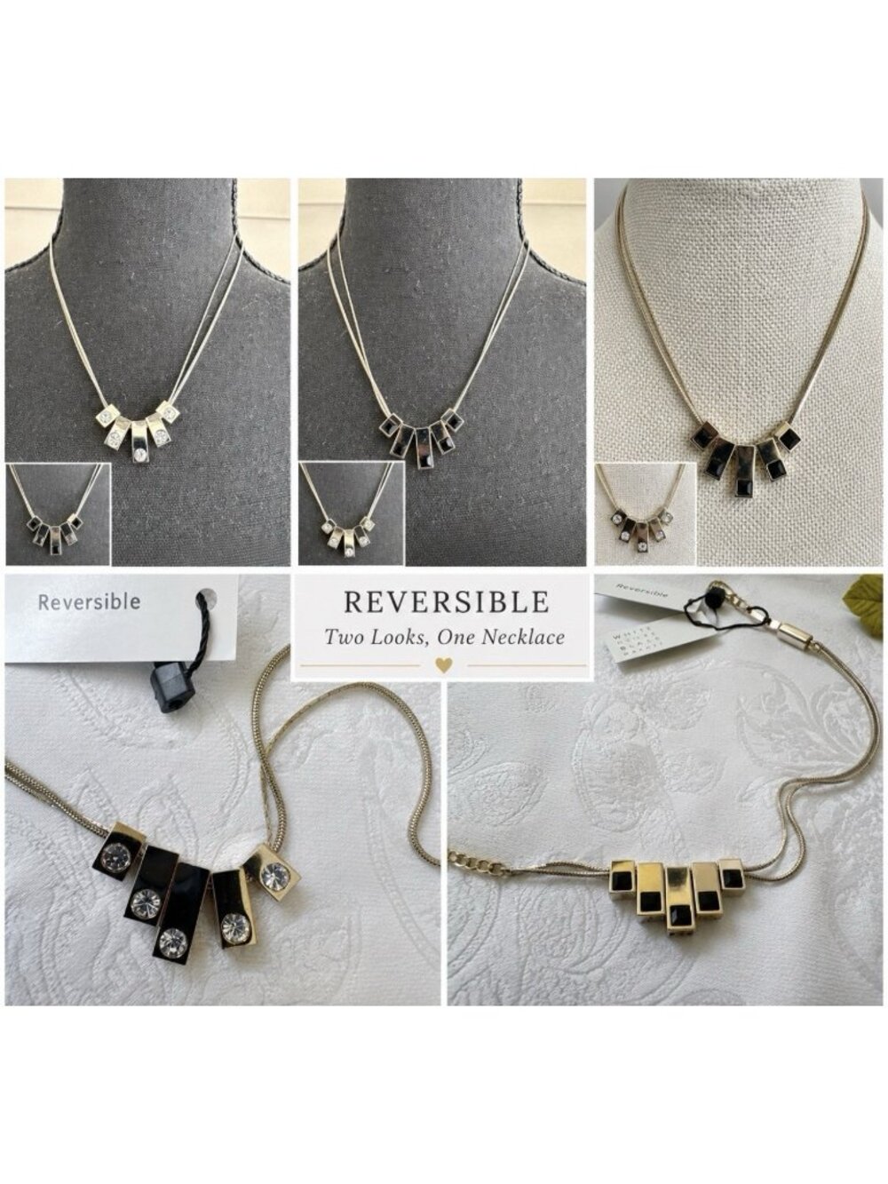 WHBM Reversible Double Chain Sivertone Charm CZ Shiny Statement 16" Necklace NEW